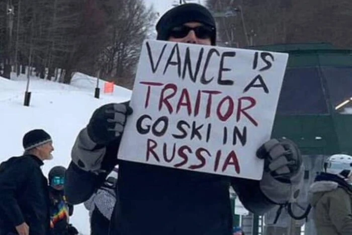 Demonstrators in the US cheer for Vice President Wence as he goes skiing in Russia