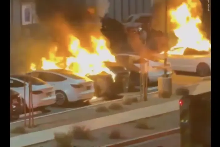 Burned Tesla car after the fiery attack