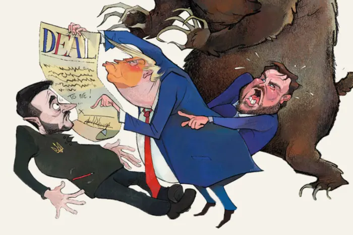 The cartoon depicts the agreement on natural resources between Ukraine and the USA