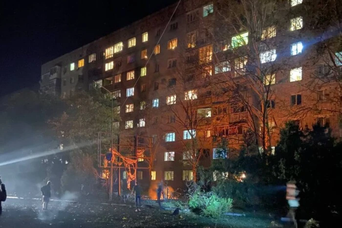 Damaged nine-story building due to drone attack