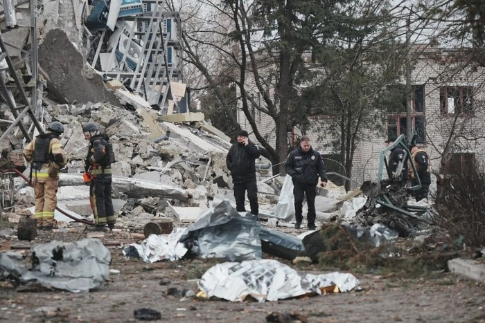 Ruins of the city council building after the attack in Izium