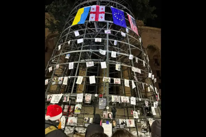 W Tbilisi protestujący powiesili flagę Ukrainy na choince noworocznej (zdjęcie)