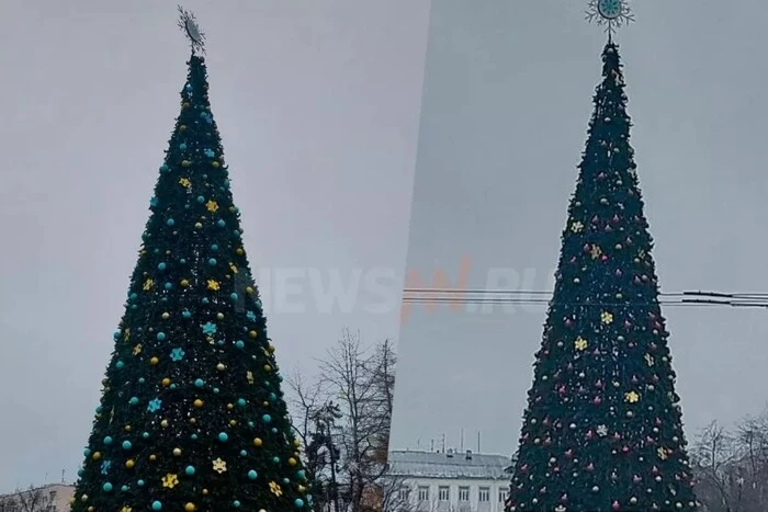 Елка с синьо-желтыми украшениями в Нижнем Новгороде