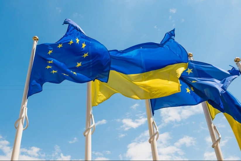 Flag of Ukraine and EU flag