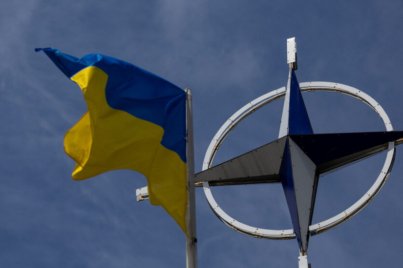 President Zelensky against the background of the Ukrainian flag