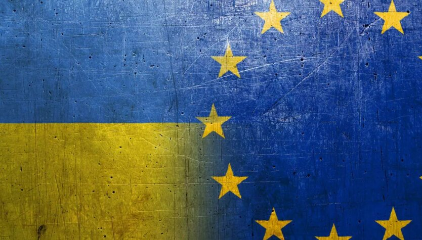 Flag of Ukraine against the backdrop of the European Council